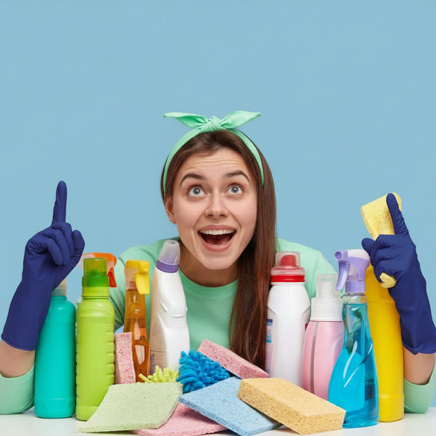 Woman with cleaning supplies