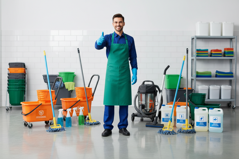 A professional cleaning supplies scene with a single person standing in the center giving a thumbs up, wearing a solid #0f4a8f blue uniform with a #77d4a9 green apron and protective gloves, surrounded by professional cleaning equipment and supplies such as mops, buckets, vacuum, and cleaning products, clean and organized environment, realistic lighting, friendly and trustworthy expression, commercial cleaning business style, no text, high-quality realistic photography
