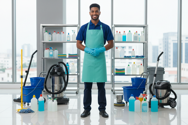 A professional cleaning supplies team member standing confidently in the center, wearing a #0f4a8f blue uniform with a #77d4a9 green apron and protective gloves, surrounded by neatly arranged cleaning products and equipment, clean and organized commercial environment, realistic lighting, trustworthy and professional appearance, no text, high-quality realistic photography