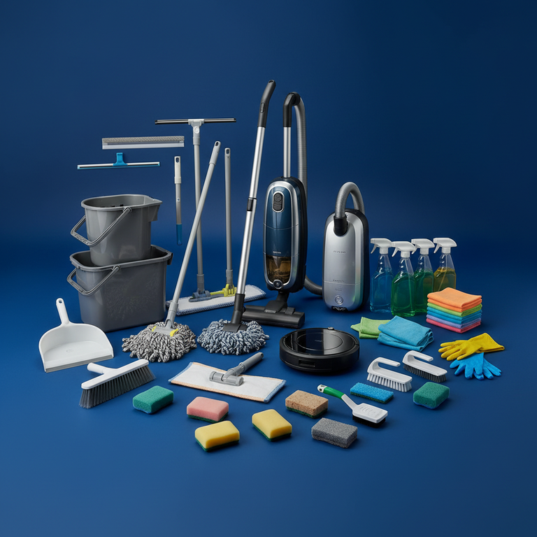 I need an image that contains all the cleaning tools and accessories such as, mops, vipers, vacuum cleaners, buckets, and everything in a #0f4a8f background, 1:1 ratio for a mobile image.