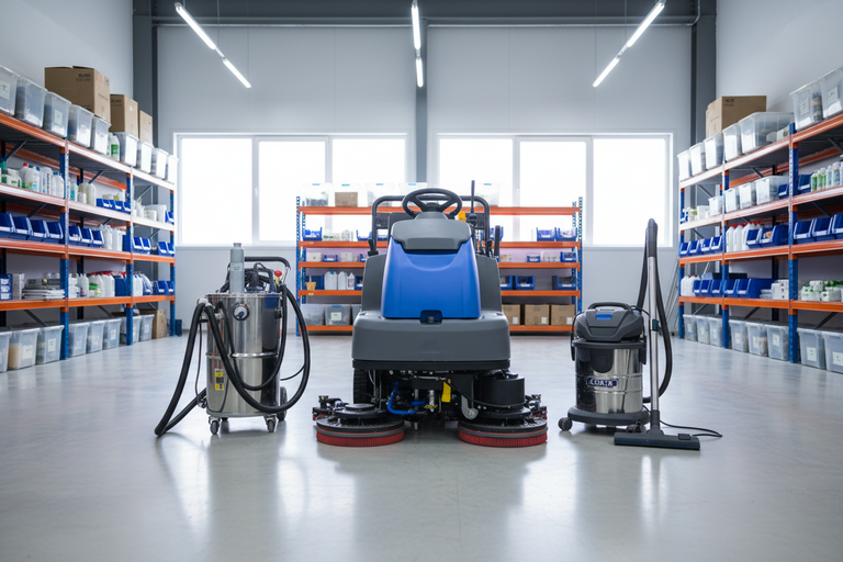 Professional cleaning machines such as a floor scrubber, steam cleaner, and commercial vacuum displayed in a clean warehouse or commercial space, organized and ready-to-use appearance, realistic lighting, professional equipment-focused style, no people, no text, high-quality realistic photography