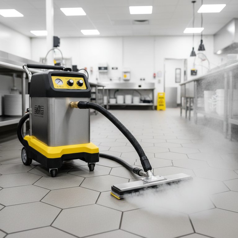 Professional steam cleaning machine on tiled floor, light steam effect, commercial cleaning environment, realistic product-focused image, no people. keep Ratio 1:1.